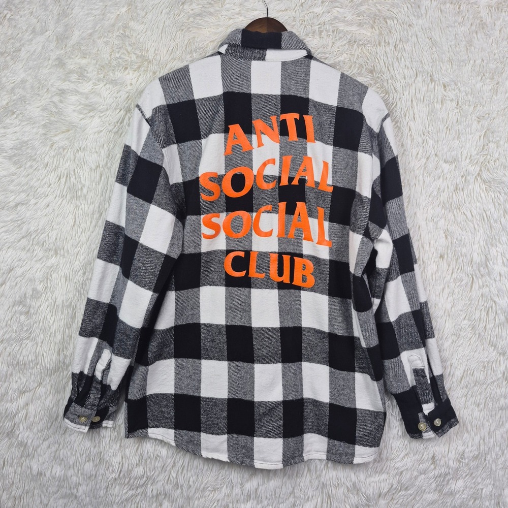 Anti Social‎ Social Club Black White Buffalo Plaid Flannel Shirt Orange Logo L